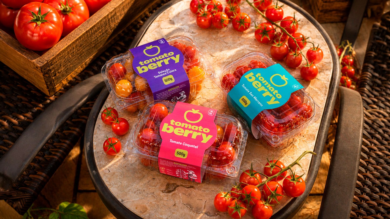 Família de embalagens Tomato Berry com Coquetel, Colors e San Marzano
