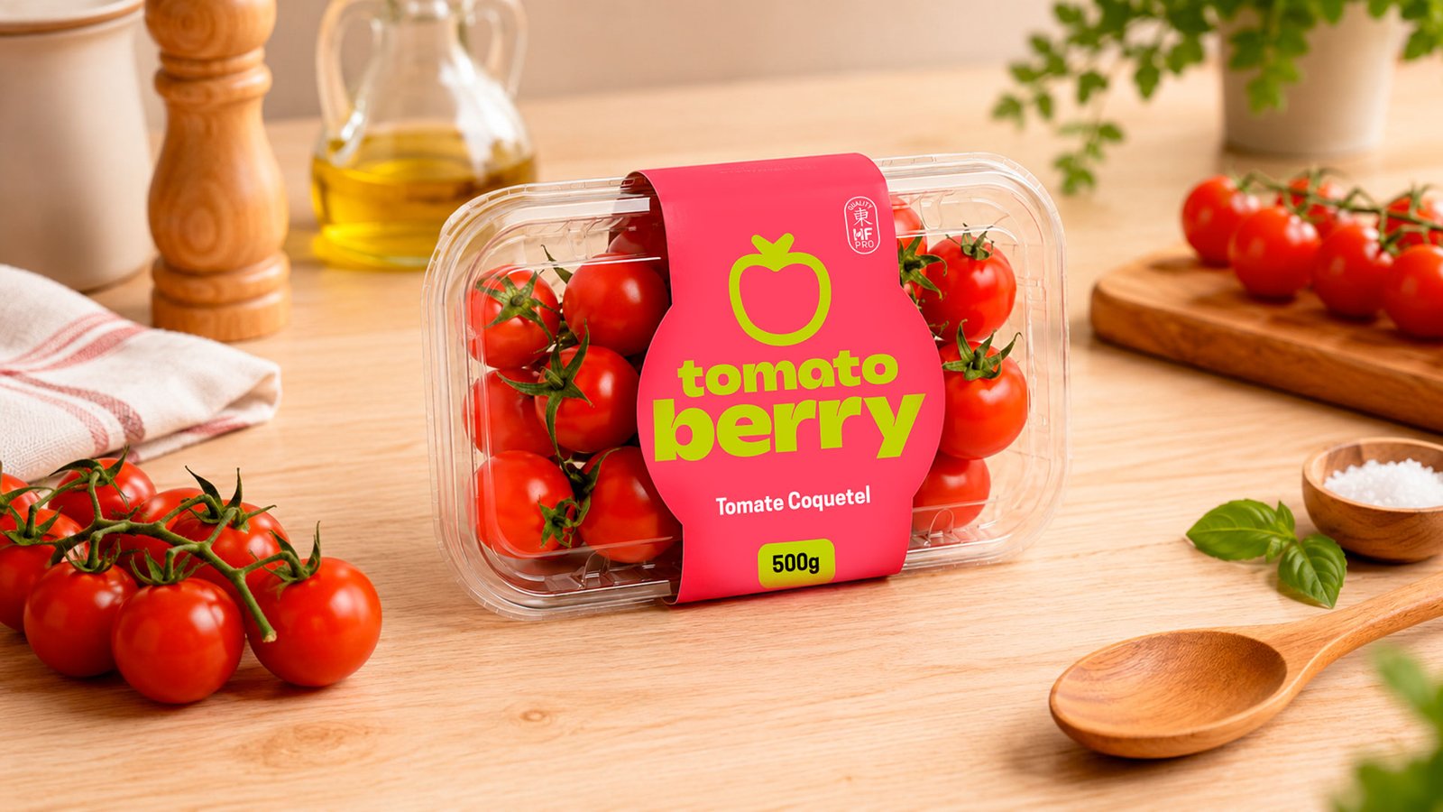 Embalagem de Tomato Berry em mesa de cozinha